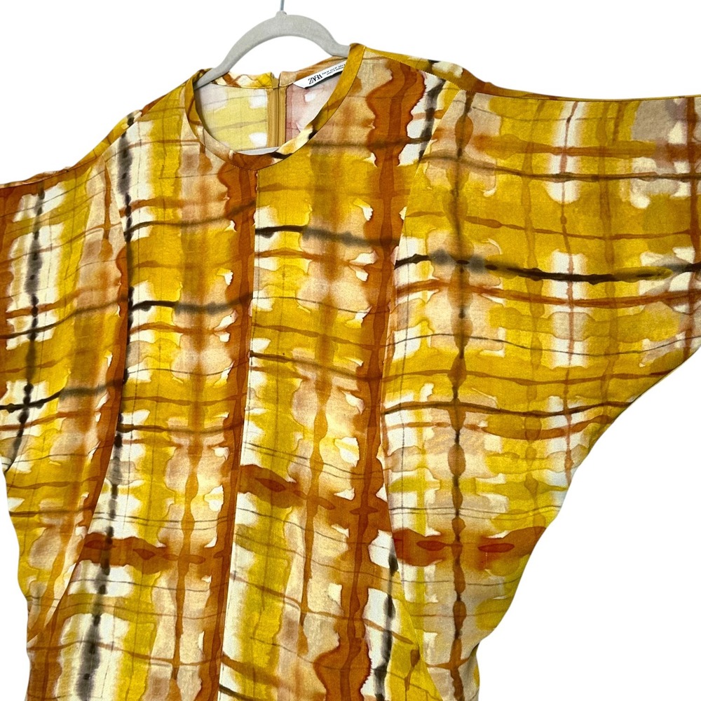 Zara Dress Tie Dye Plaid Print Dolman Sleeve Maxi Mustard Yellow M Blogger Fav - Picture 11 of 16